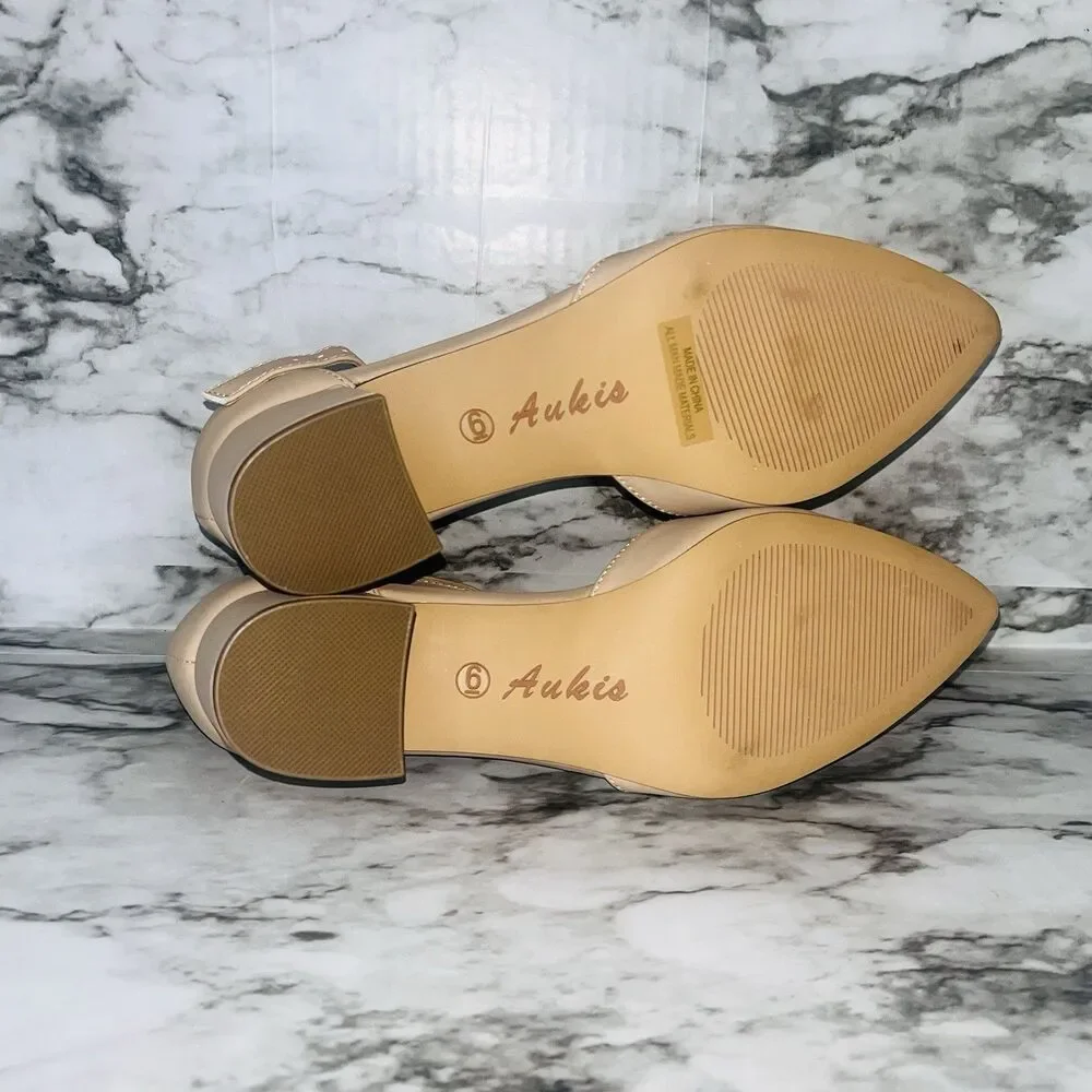 Ankis Nude Pumps Women Size 6 Pointed Toe 2.25” Block Heel Ankle Strap Box